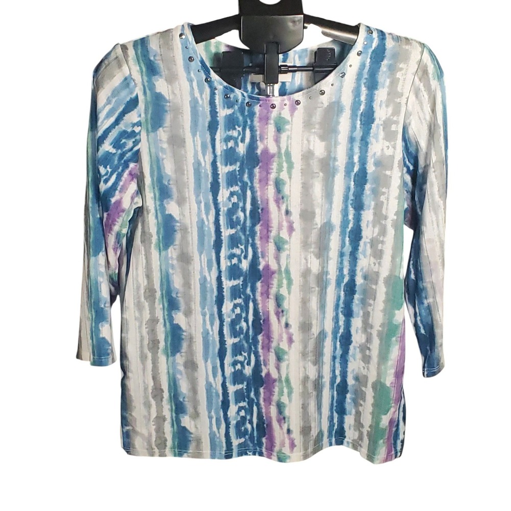 Alfred Dunner Floral Park Top Womens Small S NWT Watercolor Blue Purple Stripe